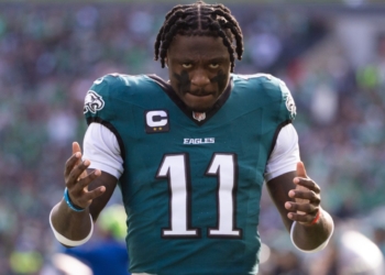 AJ Brown celebrating touchdown Philadelphia Eagles
