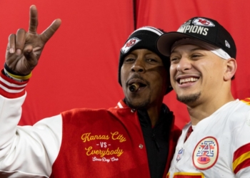 Patrick Mahomes and his father celebrating NFL game