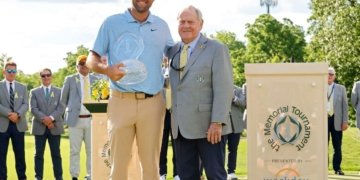 Scottie Scheffler winning golf tournament memorial trophy Jack Nicklaus