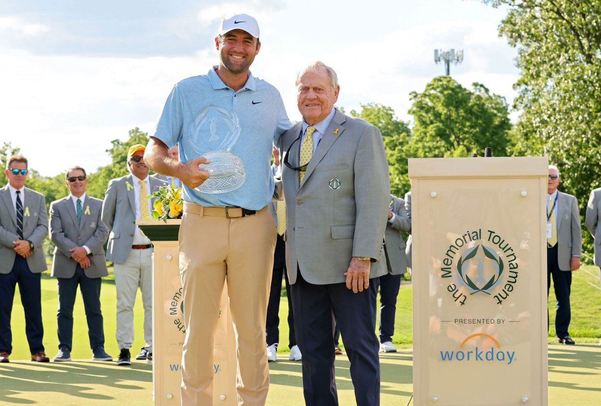 Scottie Scheffler winning golf tournament memorial trophy Jack Nicklaus