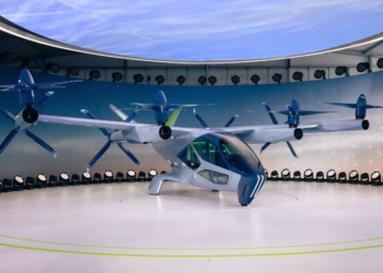 electric air taxi aircraft eVTOL cityscape