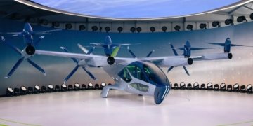 electric air taxi aircraft eVTOL cityscape