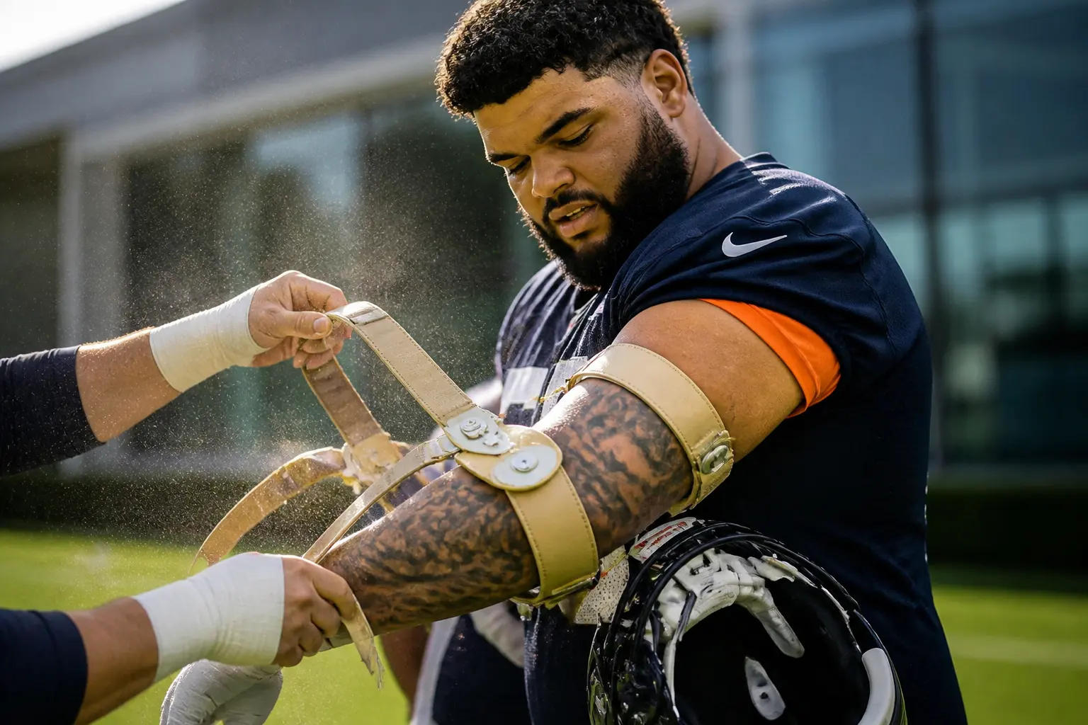 Darnell Wright Bears elbow injury training camp Halas Hall