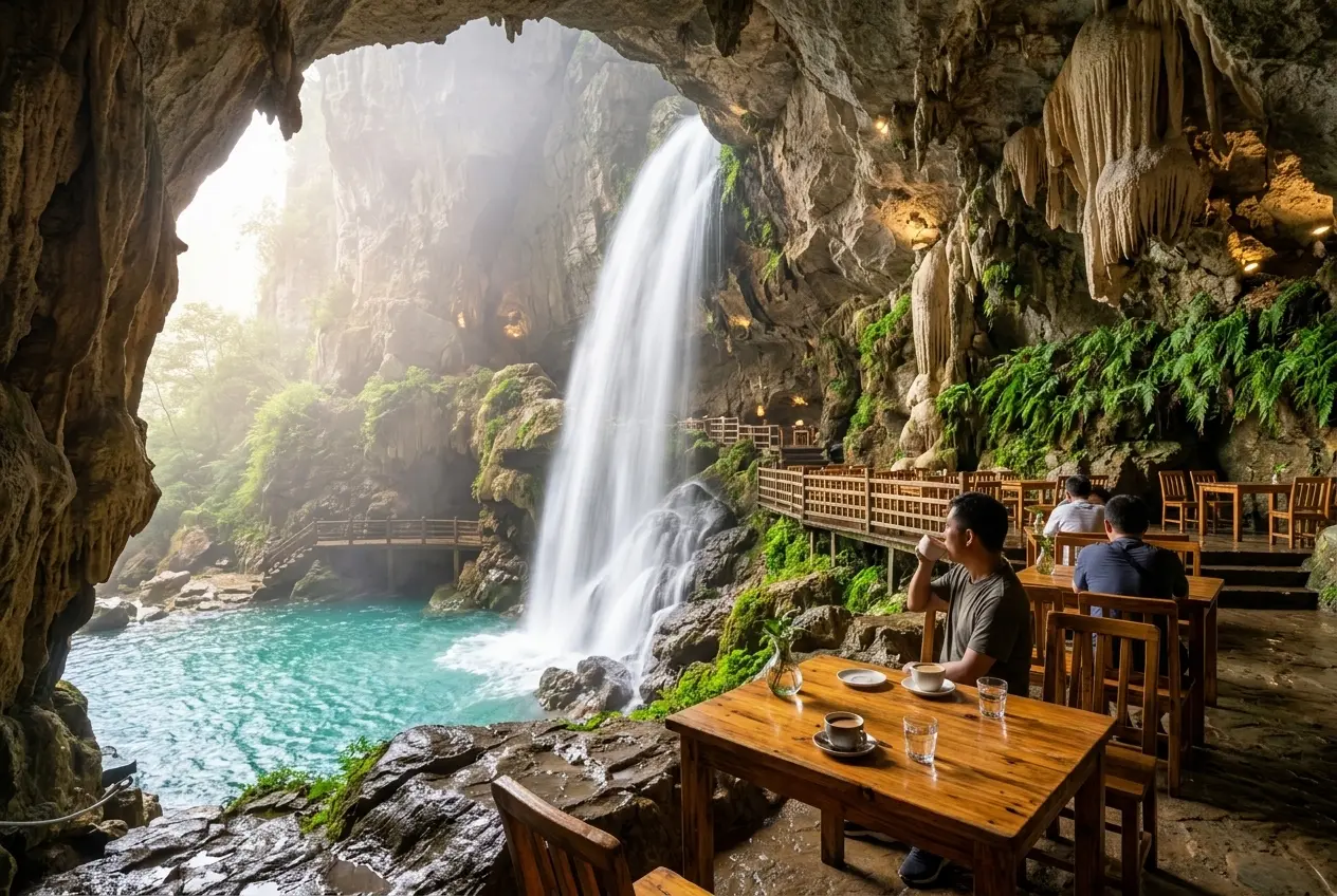 Guizhou cave cafe inside karst cavern summer tourism