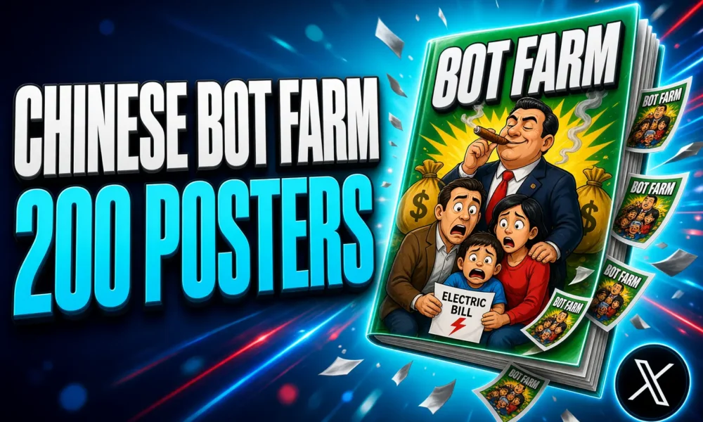 X Chinese bot farm 200 posters AI data center cartoons