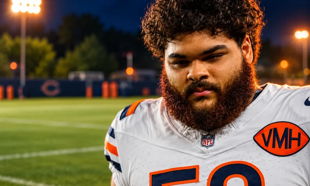 Darnell Wright flexes right elbow at Bears camp